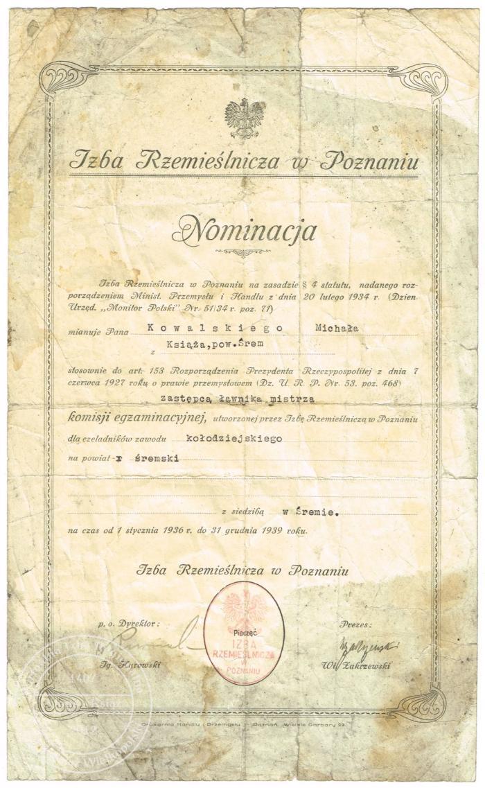 Michał Kowalski nominacja 1936 r.