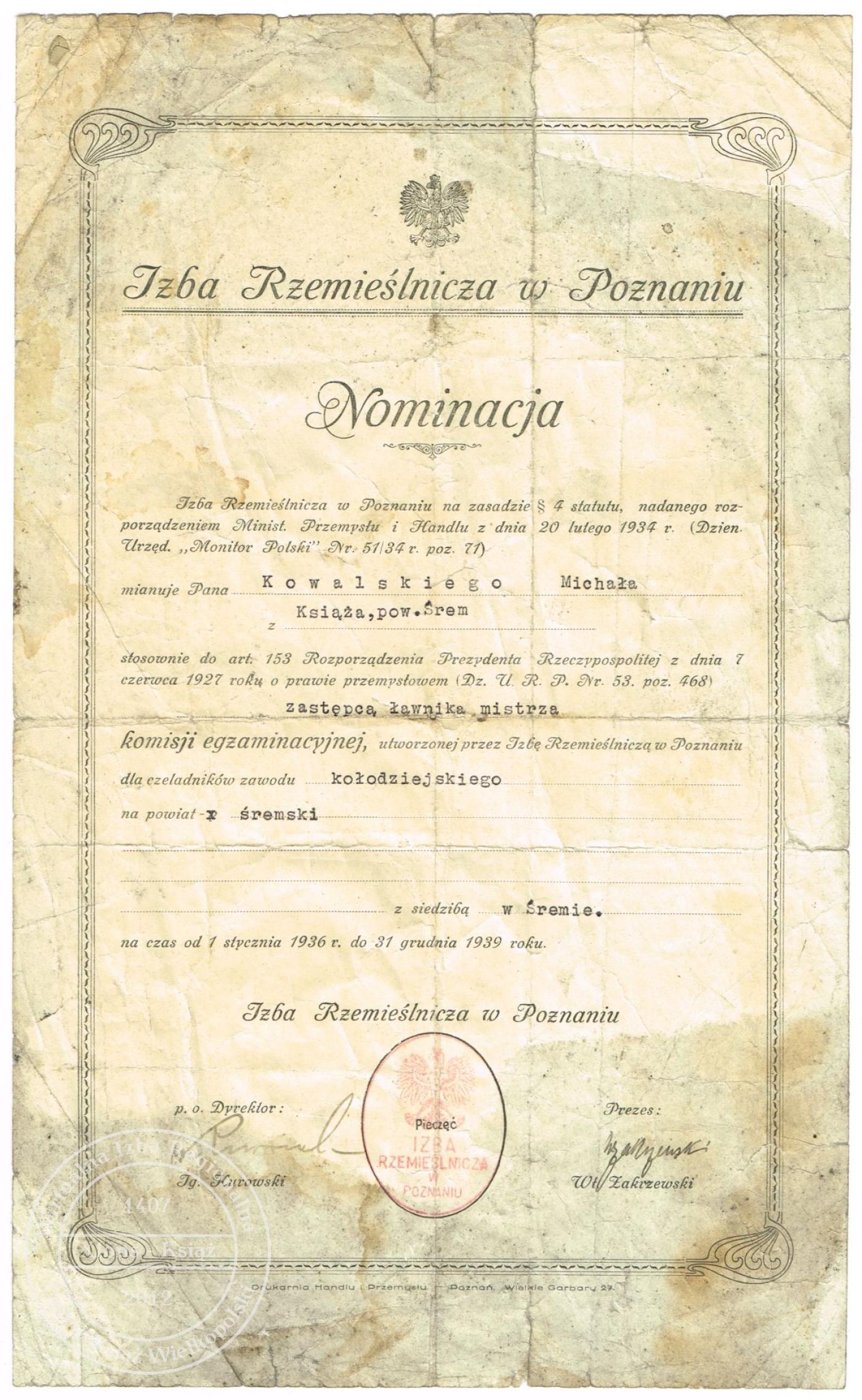 Michał Kowalski nominacja 1936 r.