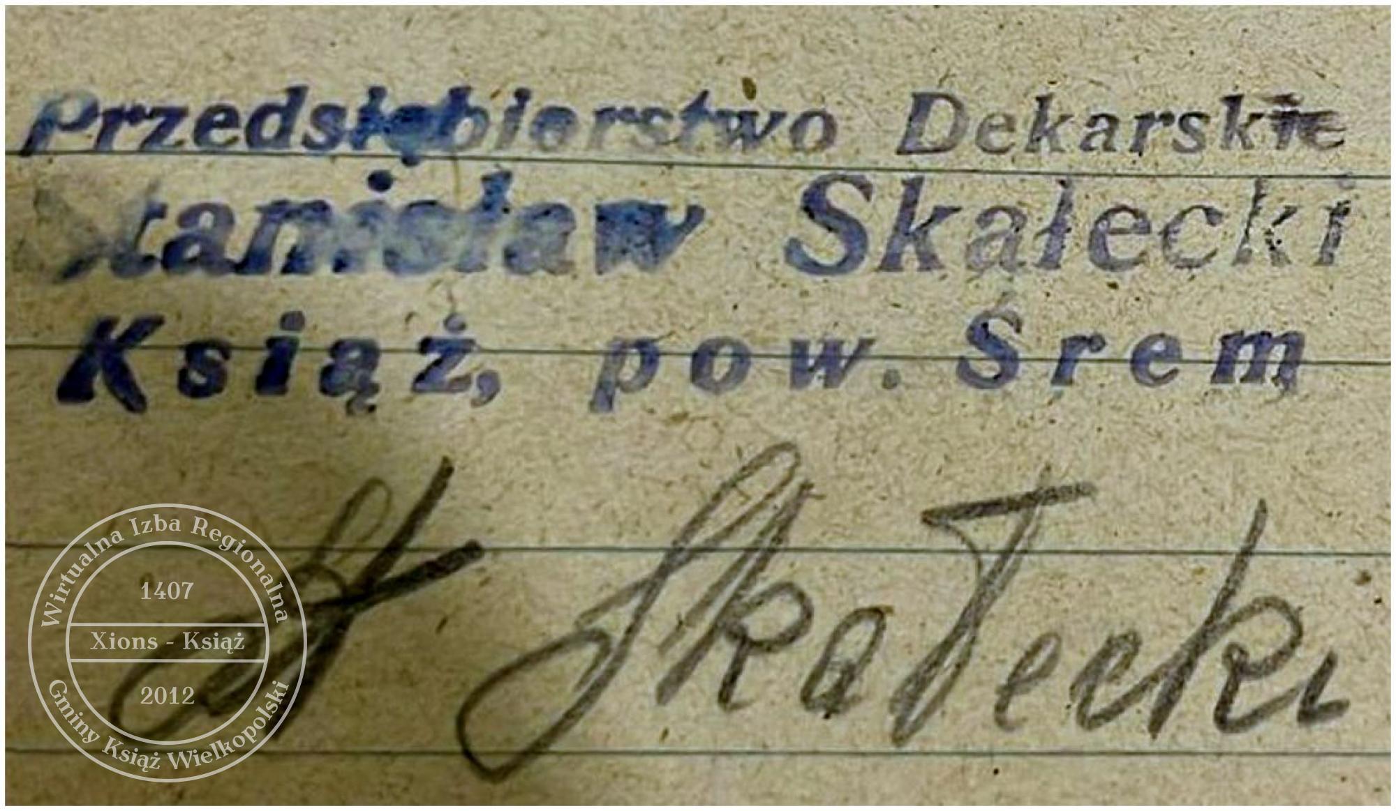 Pieczątka Stanisław Skałecki. Książ 1947 r.