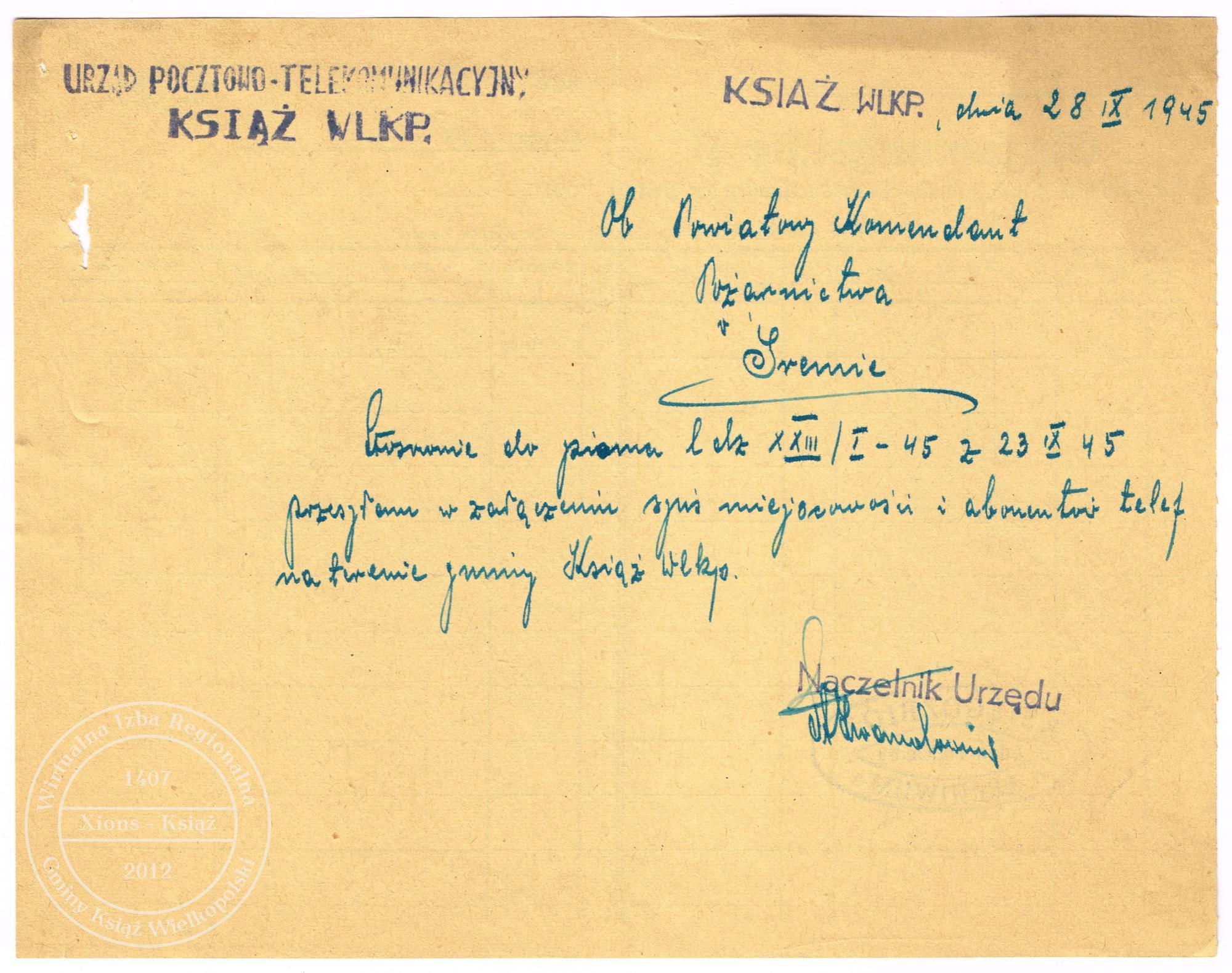 Spis telefonów gminy Książ Wielkopolski 1945 r. 