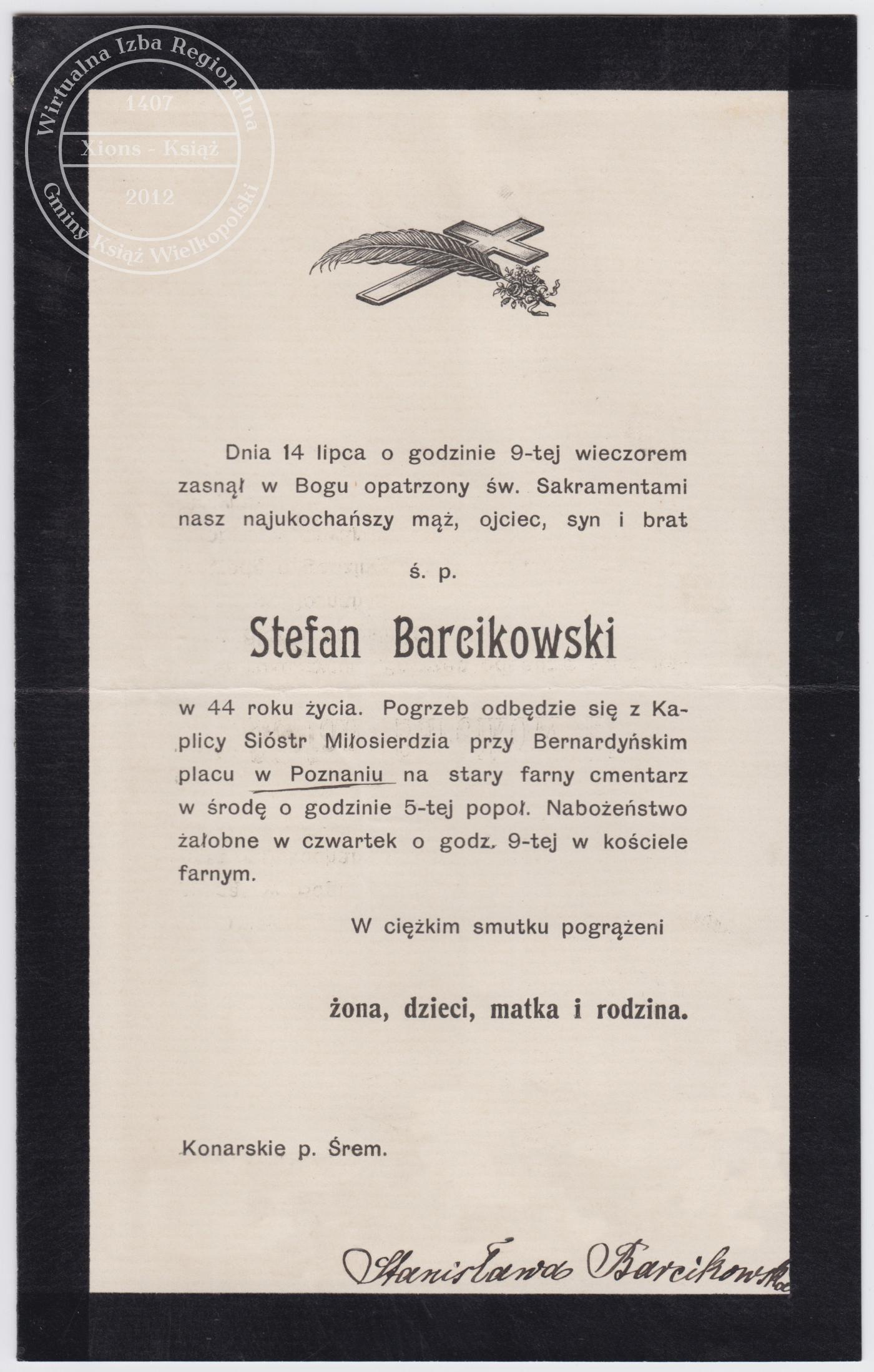 Stefan Barcikowski - nekrolog 1912 r.