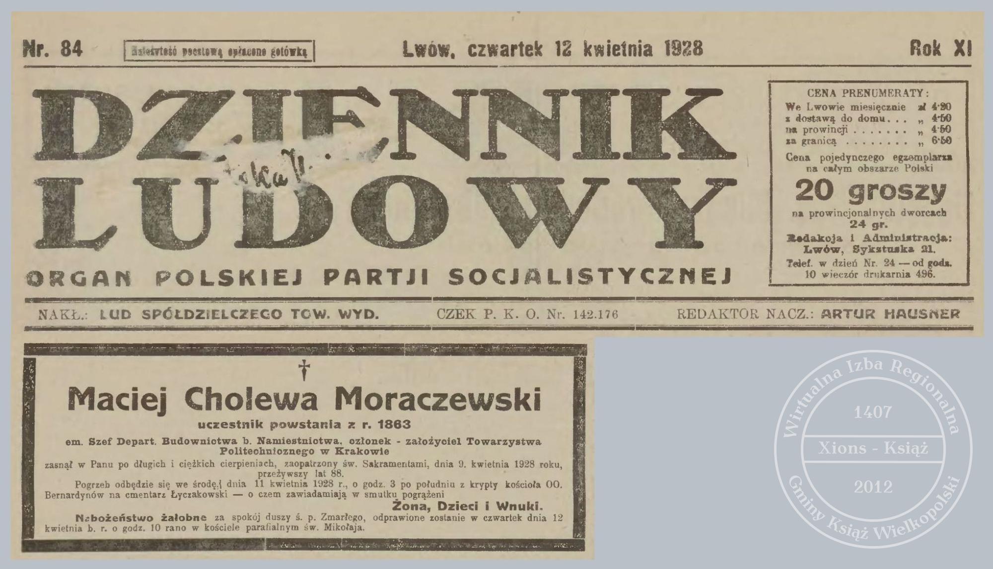 Maciej Adam Moraczewski nekrolog. Lwów 1928 r.