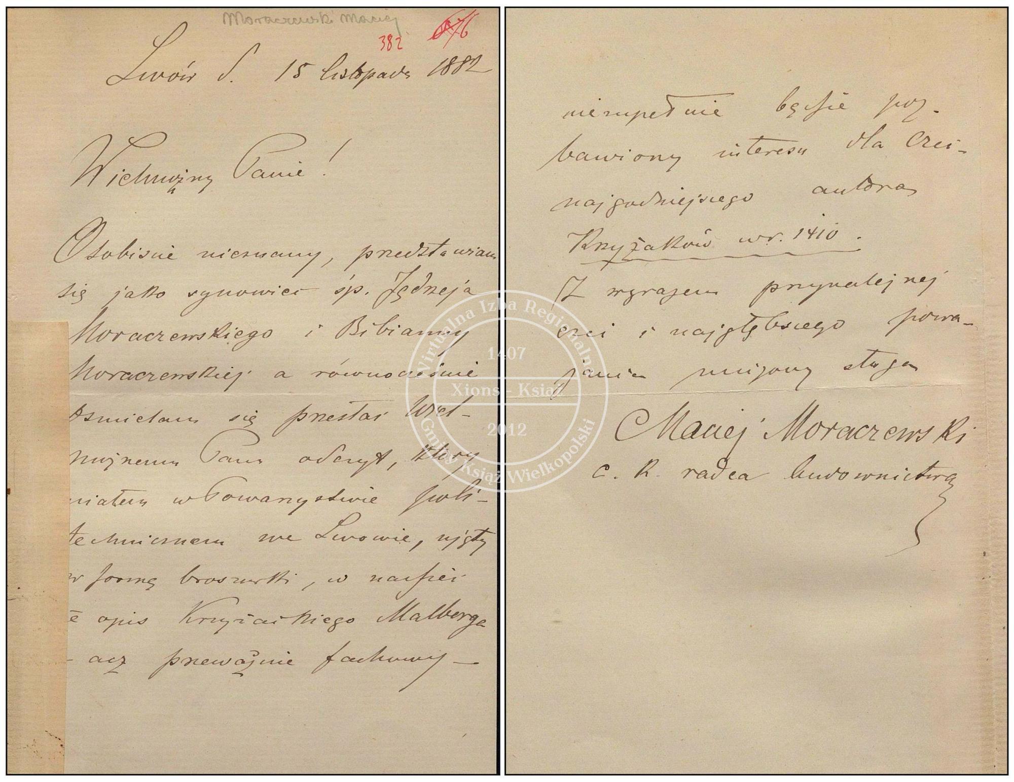 Maciej Adam Moraczewski list do Józefa Ignacego Kraszewskiego. 1882 r.