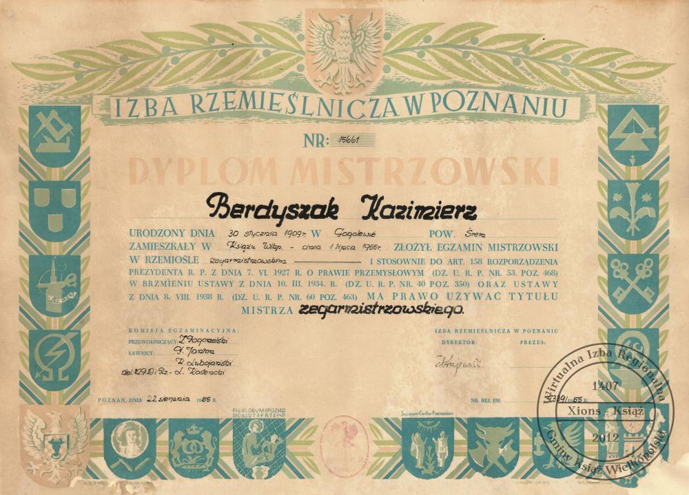 Dyplom mistrzowski Kazimierza Berdyszaka, 1955 r.