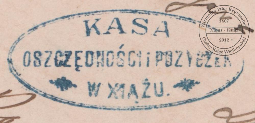 Pieczątka Kasy Oszczędności i Pożyczek w Książu, 1886 r.