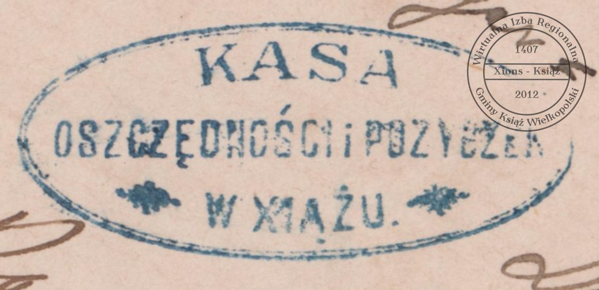 Pieczątka Kasy Oszczędności i Pożyczek w Książu, 1886 r.