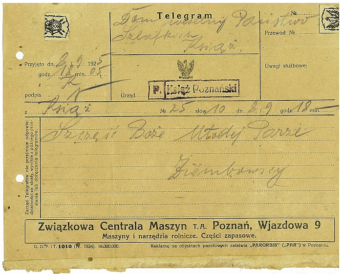 Telegram ślubny Leokadii i Kazimierza Łukowskich. Od Ziembowskich.