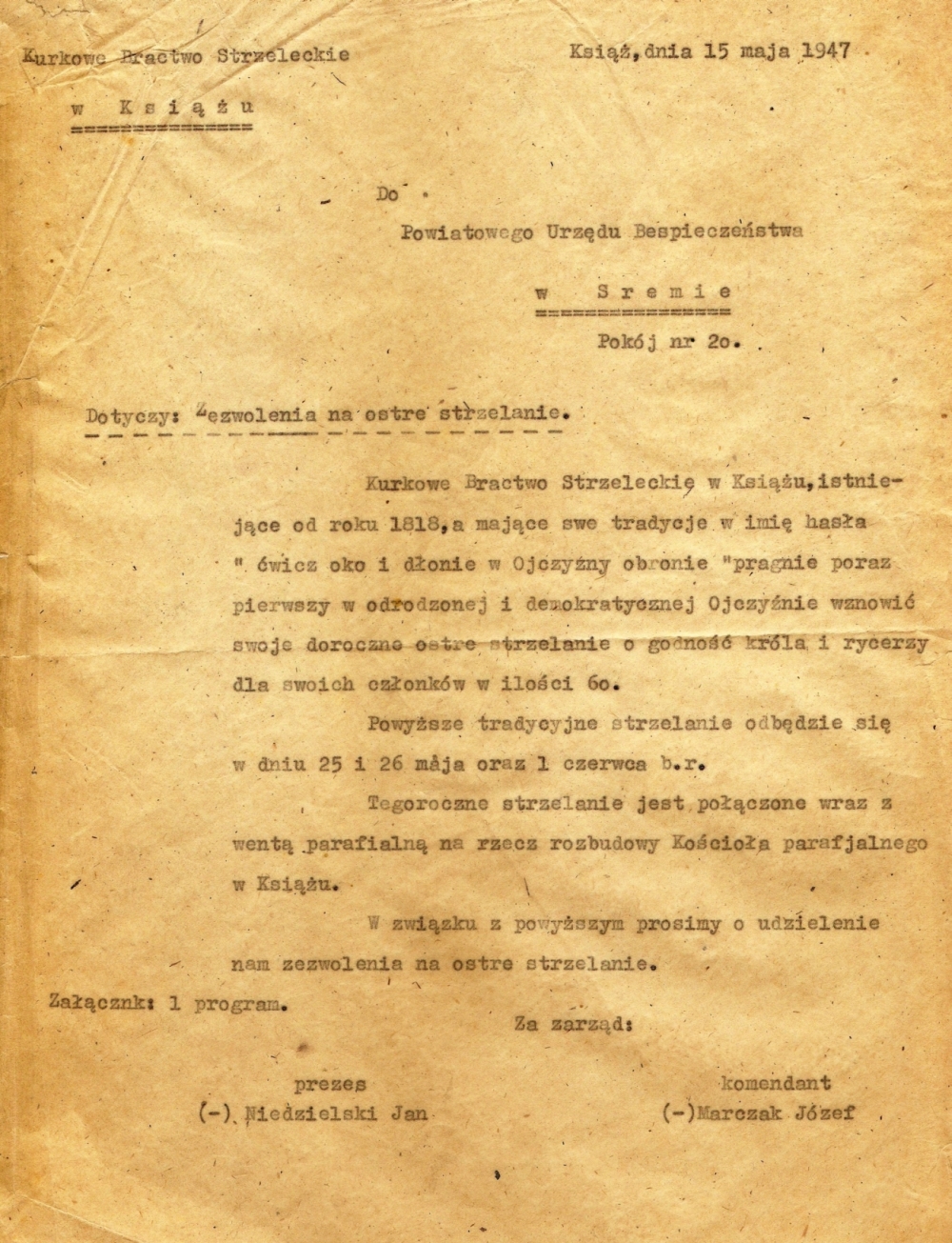 Wniosek Bractwa Kurkowego do Urzędu Bezpieczeństwa, 1947