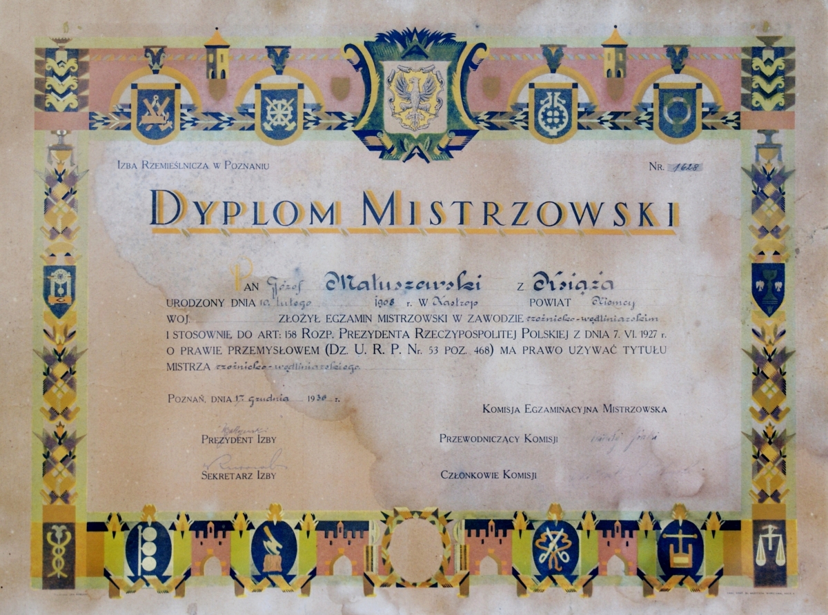 Dyplom Mistrzowski. Józef Matuszewski. Książ 1936 r.