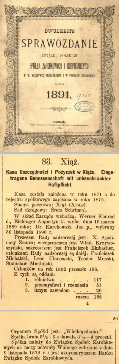 Sprawozdanie Spółek Zarobkowych i Gospodarczych. Książ 1891 r.