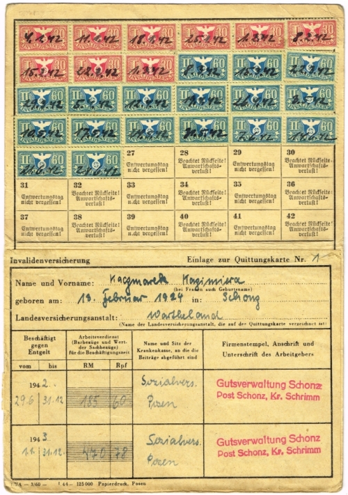 Quittungskarte Kaczmarek Kazimiera. Tiefenbach Gut 1941 r. Książek.