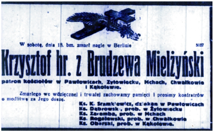 Nekrolog Krzysztof Mielżyński. Mchy 1927 r.