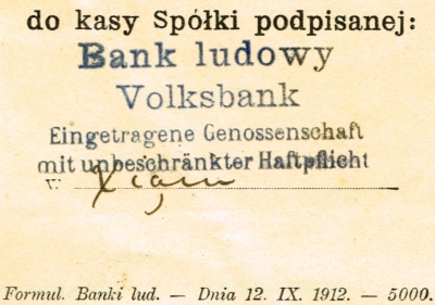 Pieczątka Bank Ludowy. Volksbank Książ 1914 r. (Xiąż, Xions).