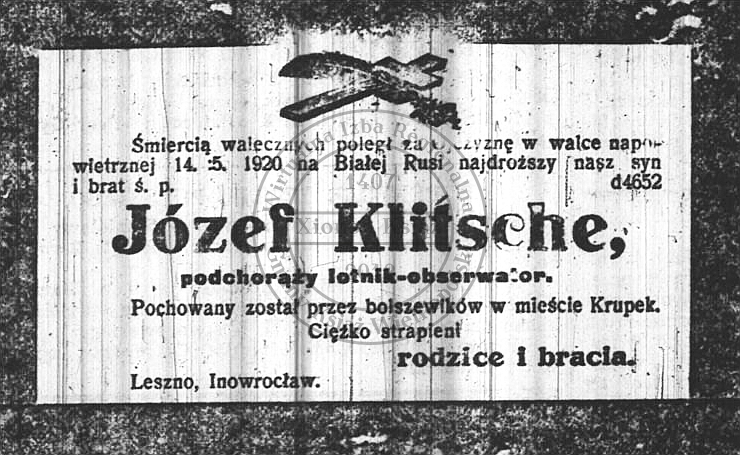 Nekrolog Józef Klitsche 1920 r.