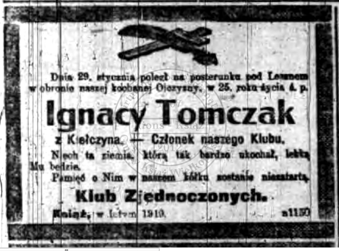 Nekrolog Ignacy Tomczak 1919 r.