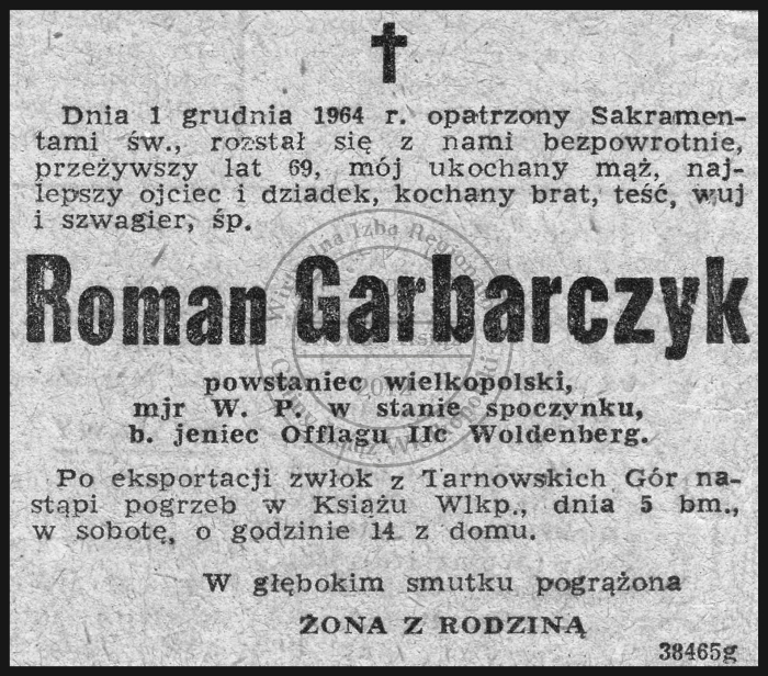 Nekrolog mjr Roman Garbarczyk, Książ 1964 r.