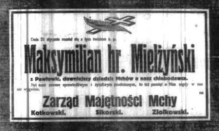 Nekrolog Maksymilian hr. Mielżyński, Mchy 1916 r.