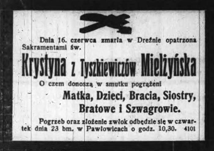 Nekrolog Krystyna z Tyszkiewiczów Mielżyńska. Pawłowice 1932 r.