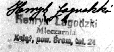 Pieczątka Henryk Łagodzki Mleczarnia. Książ 1937 r.