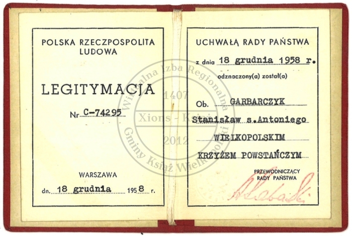 Legitymacja Wielkopolski Krzyż Powstańczy. Stanisław Garbarczyk 1958 r.