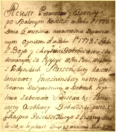 Rejestr po spalonym kościele. Gogolewo 1779 r.