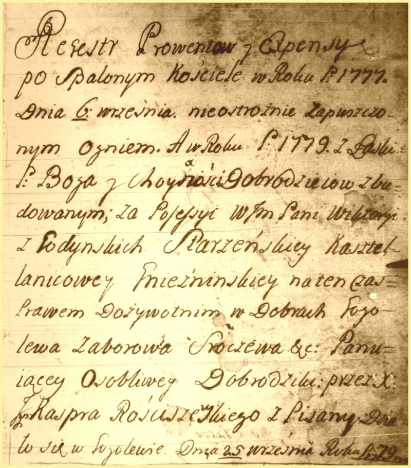 Rejestr po spalonym kościele. Gogolewo 1779 r.