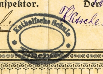 Pieczątka - Katholische Schule Emchen. Mchy 1914 r.