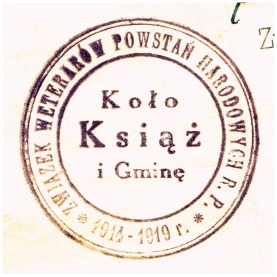 Pieczęć Związku Weteranów Powstań Narodowych R.P. 1914-1919 koło Książ. 1937 r.