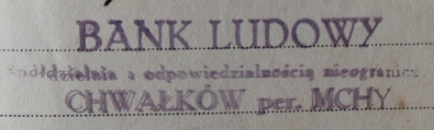 Pieczątka Banku Ludowego w Chwałkowie. 1929 r.