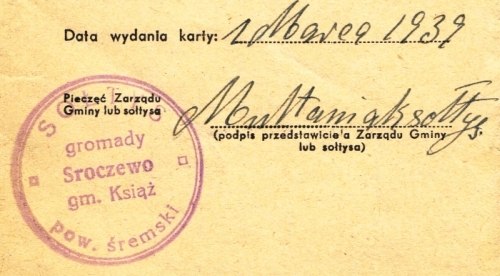 Pieczątka Sołtys gromady Sroczewo. 1939 r.