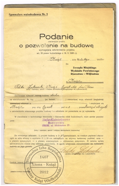 Projekt przebudowy domu Feliksa Łukowskiego. Książ 1937 r.