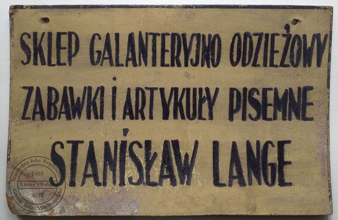 Szyld sklepu Stanisław Lange. Książ 1953 r.