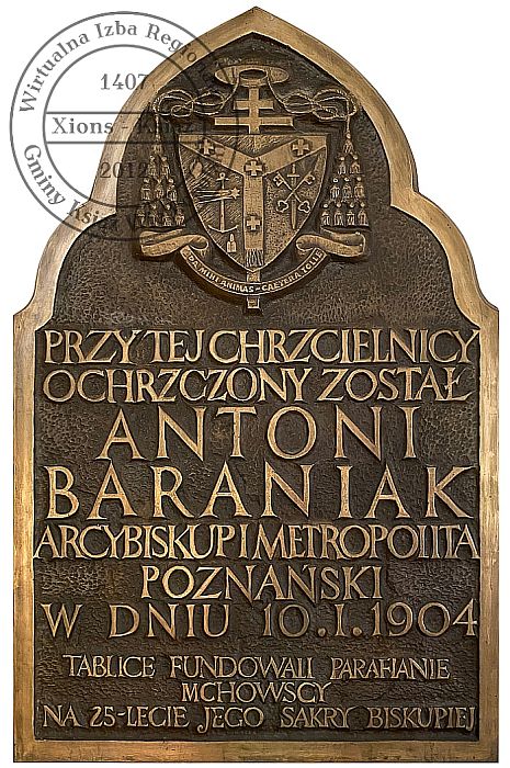 Spiżowa tablica poświęcona Antoniemu Baraniakowi. Mchy, 1976 r.