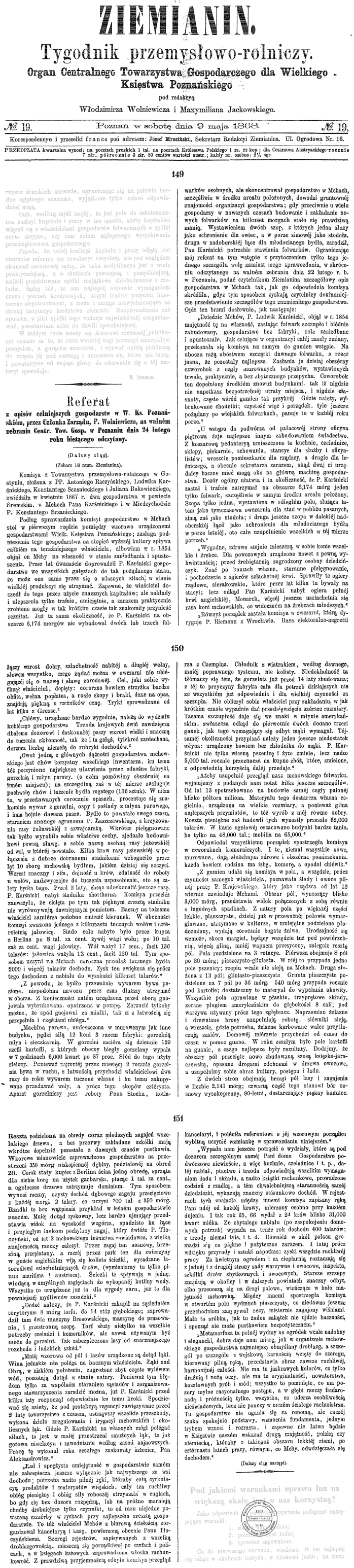 Ludwik Karśnicki - gospodarstwo Mchy. Wielkopolanin - 1868 r.