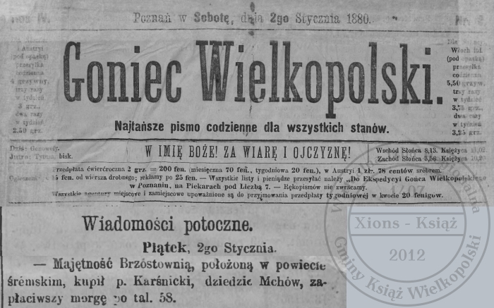 Kupno majętności Brzóstownia. Goniec Wielkopolski - 1880 r.