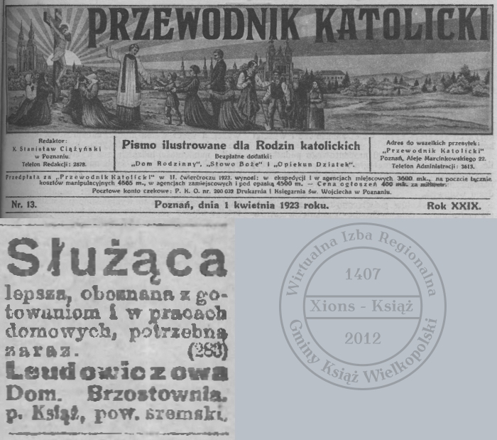 Służąca potrzebna. Brzóstownia. Przewodnik Katolicki - 1923 r. 