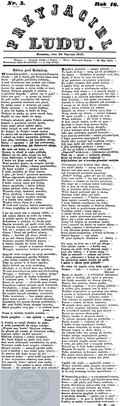 Bitwa pod Książem wiersz. Przyjaciel Ludu 1849 r.