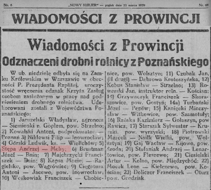 Andrzej Stępa Mchy - odznaczenie. Nowy Kurier 1929 r.