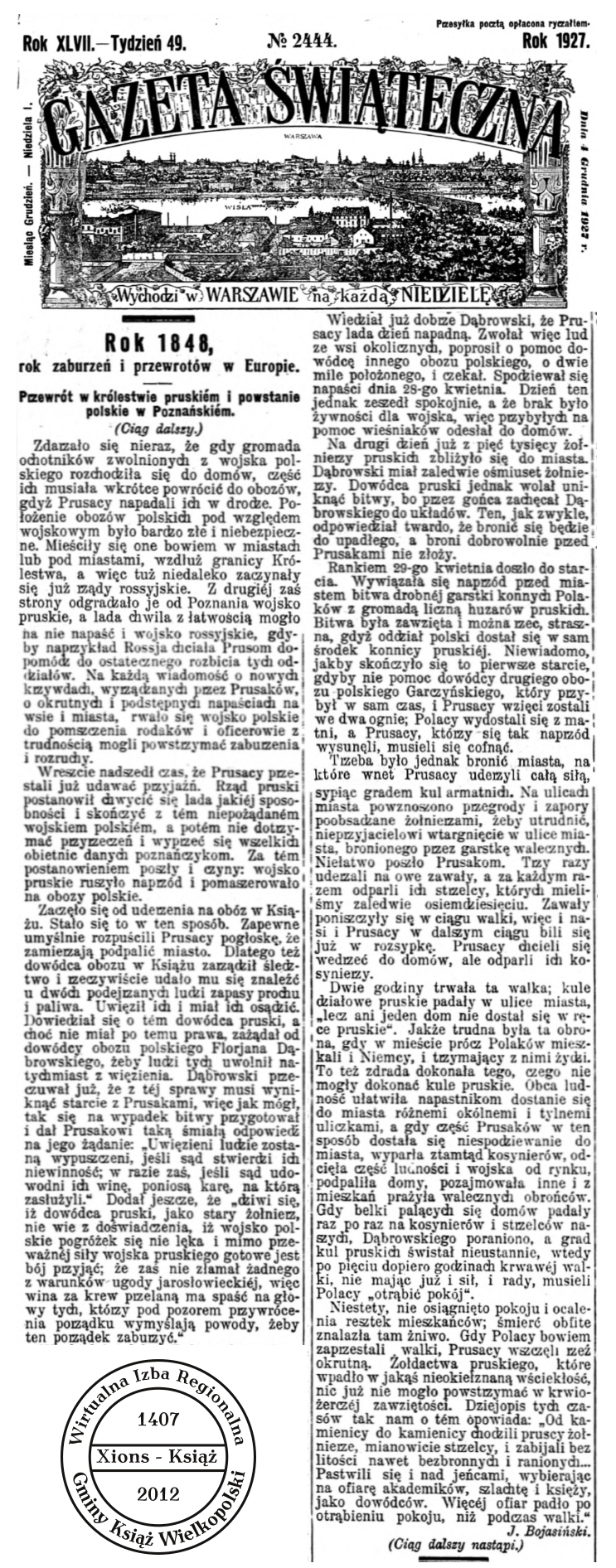 Rok 1848. Książ (Xions). Gazeta Świąteczna -  1927 r. 