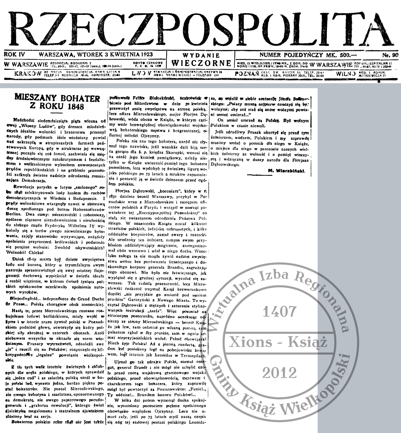 Mieszany bohater z roku 1848. Rzeczpospolita 1923 r.