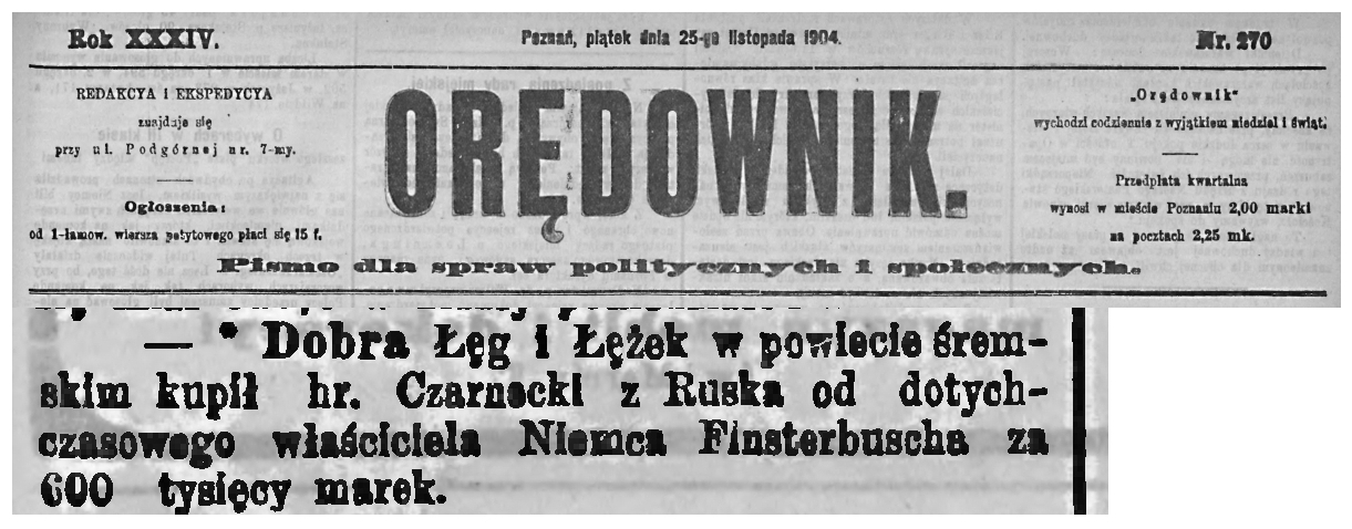 Kupno majętności Łężek. Orędownik 1904 r.