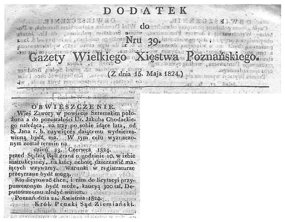 Zawory dzierżawa. Gazeta Wielkiego Xięstwa Poznańskiego 1824 r.