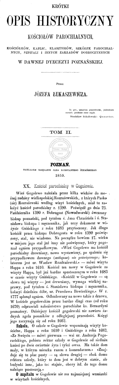 Kościół w Gogolewie. Opis 1859 r.