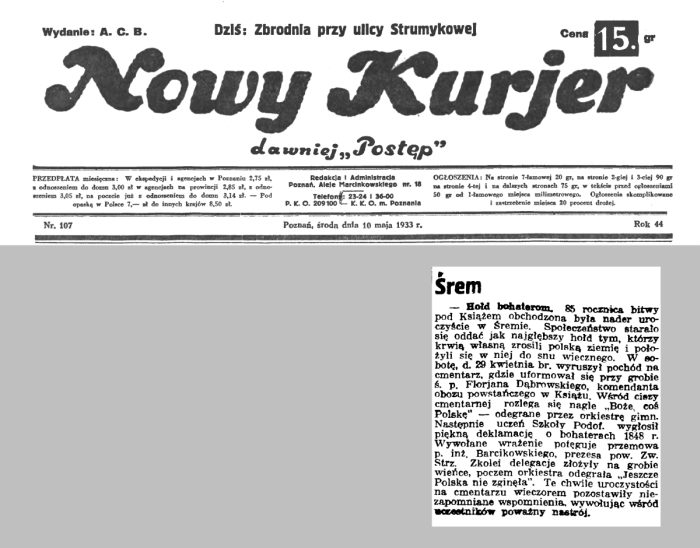 85. rocznica bitwy o Książ w Śremie. Nowy Kurier 1933 r.