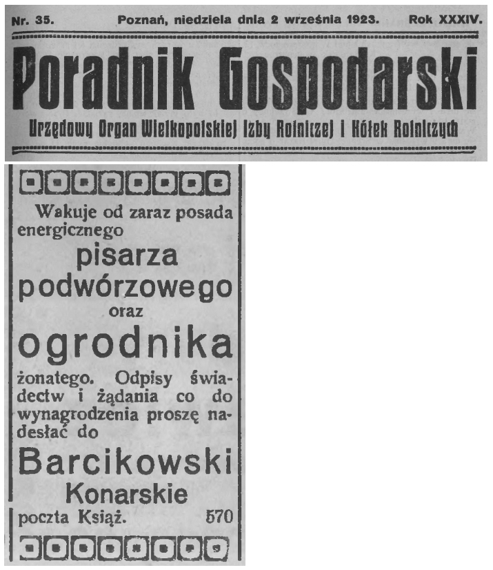 Ogłoszenie Barcikowski Konarskie. Poradnik Gospodarski 1923 r.