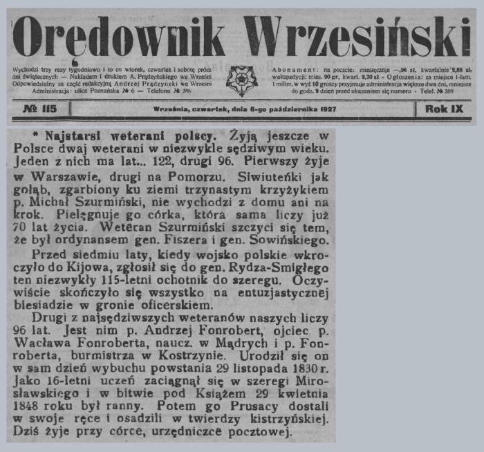 Weteran Andrzej Fonrobert. Orędownik Wrzesiński 1927 r.