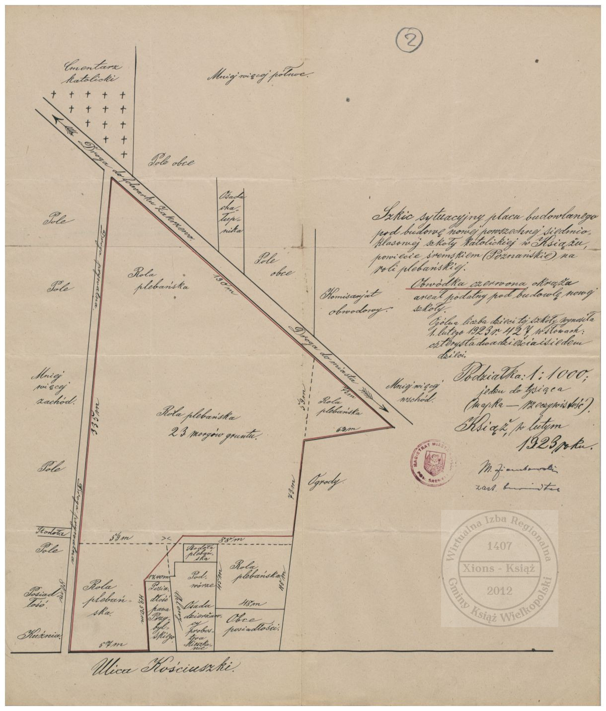 Plan sytuacyjny pod budowę szkoły powszechnej. Książ 1923 r.