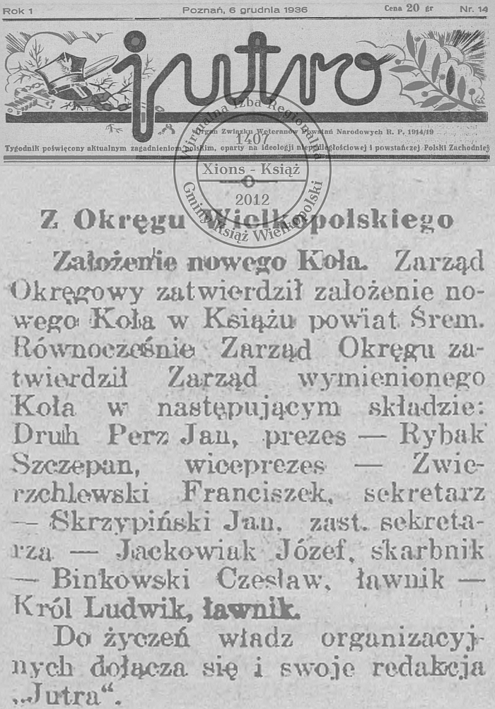 Założenie Koła Związku Weteranów Powstań Narodowych w Książu. Jutro 1936 r.