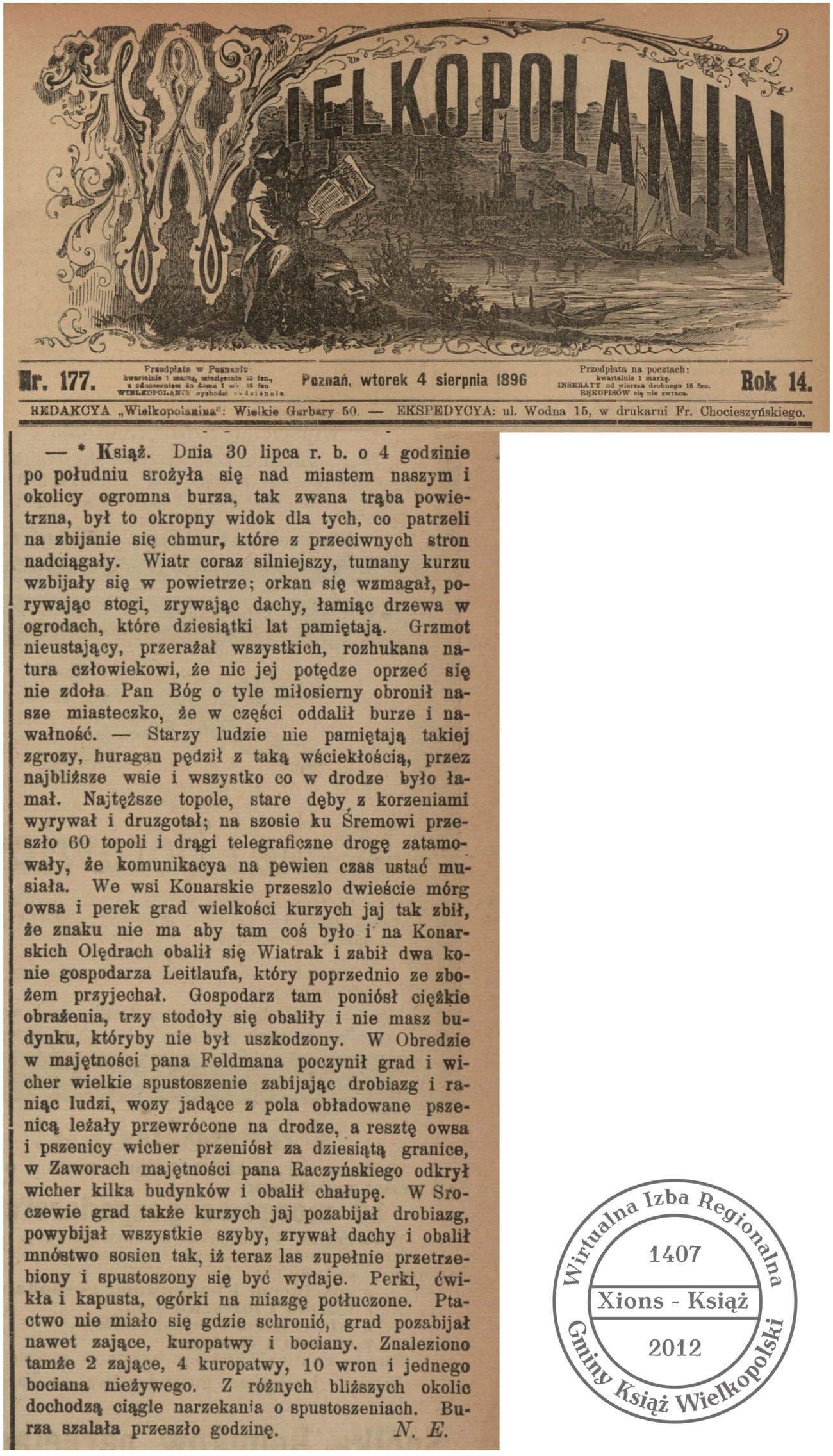 Burza nad Książem i okolicą. Wielkopolanin 1896 r.