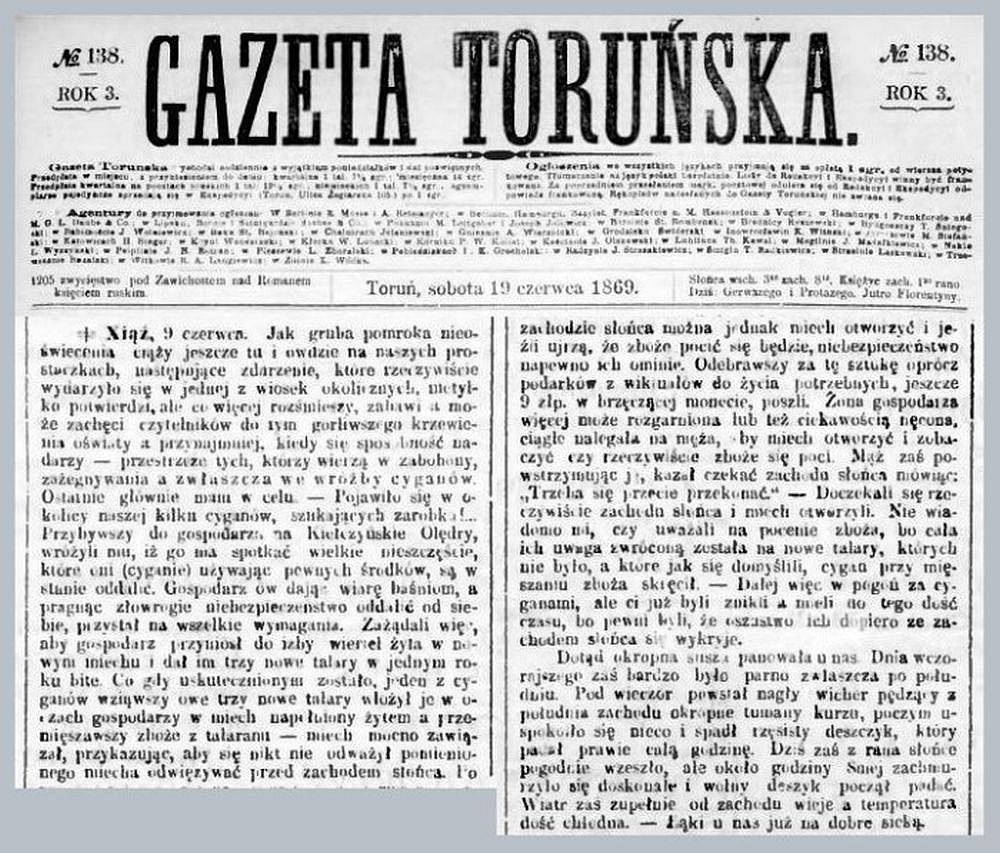 Cyganie w Kiełczynku. Gazeta Toruńska 1869 r.